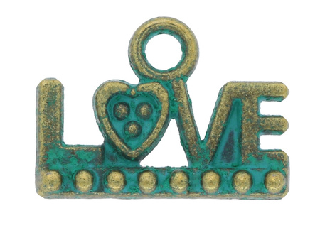 Napis LOVE / zawieszka charms / 10x13mm / kolor antyczny brąz - Aqua / otwór 1.5mm / 4szt