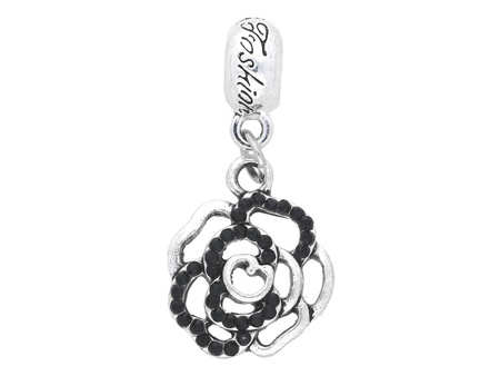 Róża Glamm™ / zawieszka charms / 36 cyrkonii / 32x15x3mm / srebrny, Jet / 1szt