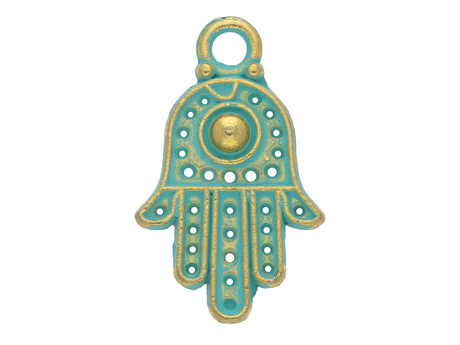 Ręka Fatimy, Hamsa / zawieszka charms / 20x12x2.5mm / antyczny złoty - Aqua / 4szt